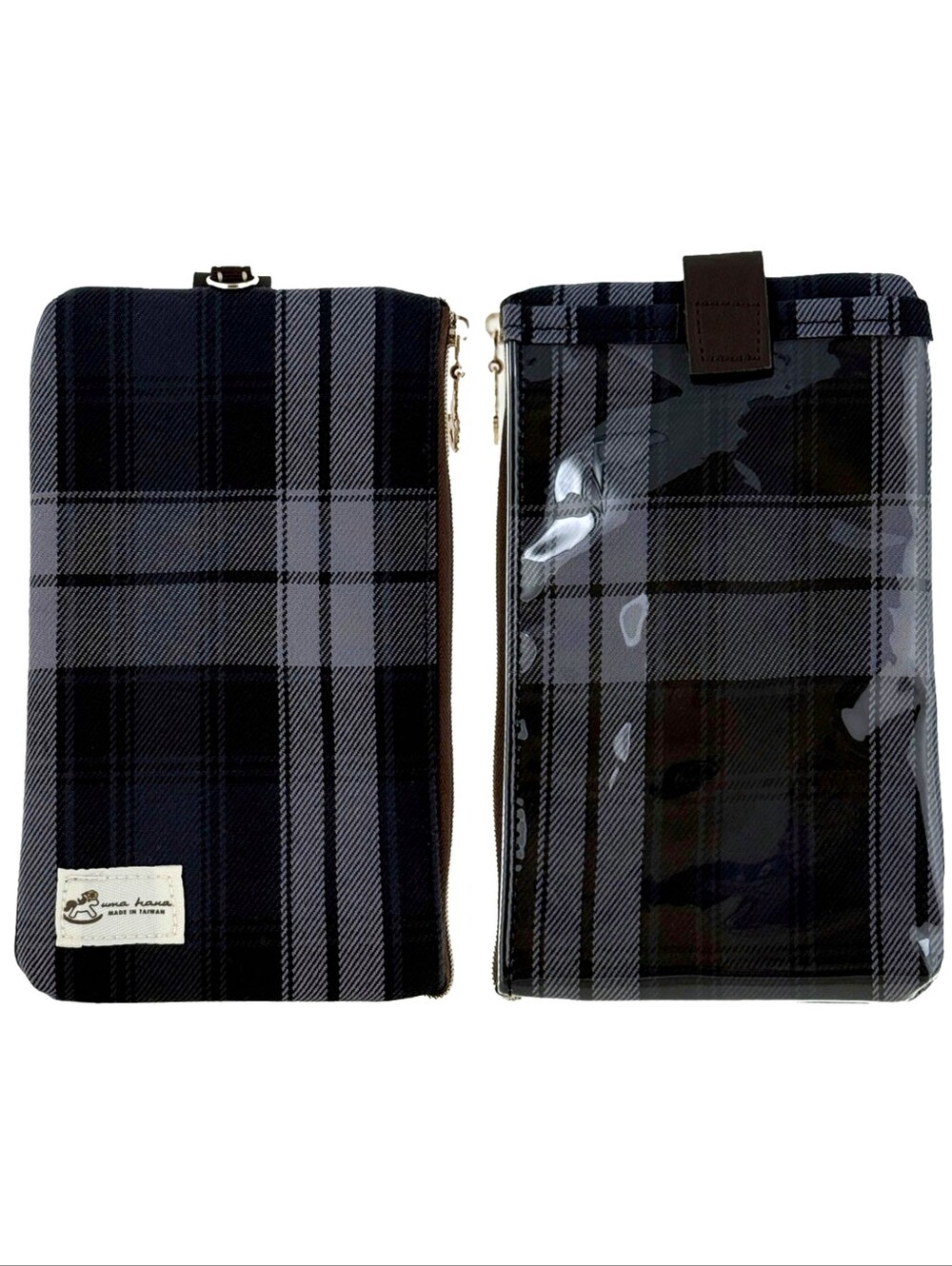 Waterproof Gray Plaid Phone Case Pouch W/ Neck Strap